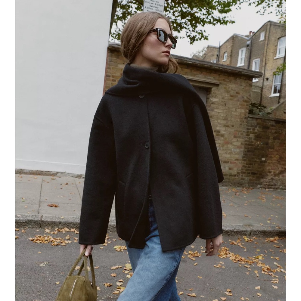 ZARA WOOL BLEND SHORT COAT WITH SCARF - WRAP CAPE JACKET